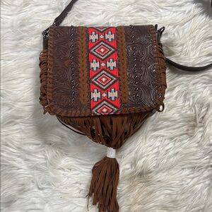 Brown and Red Fringe Crossbody Bag